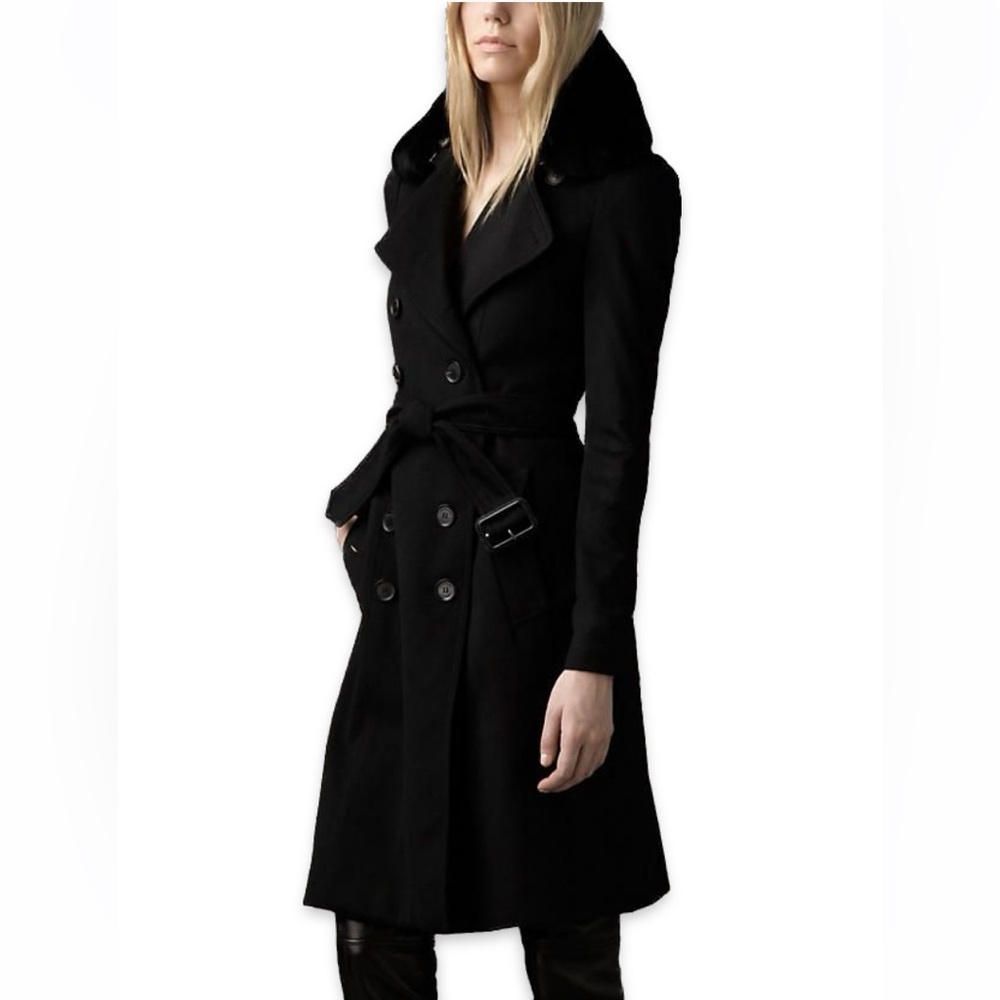 Burberry cashmere trench coat with removable fur collar